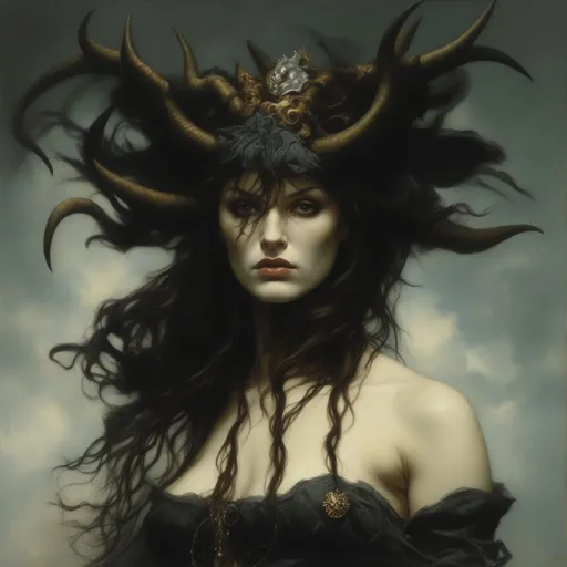 Prompt: a picture of a ((woman)) with horns on her head by Gerald Brom, oil on board, by Mark Brooks, inspired by Chris Rahn, wearing black witch hat, a dark, beautiful picture of a tall, elegant picture, the essence of evil, award-winning picture, ornate picture, square image, centred