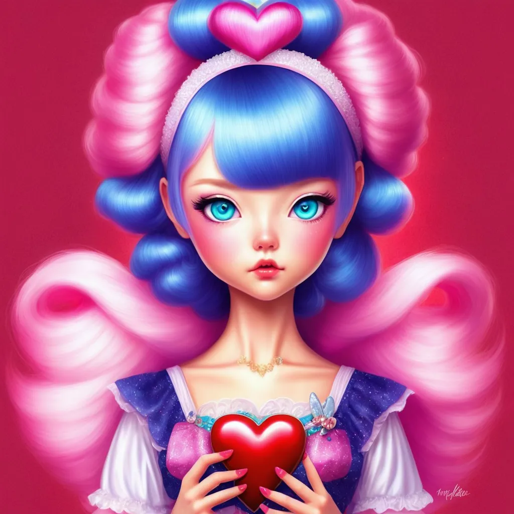 Prompt: a girl with pink hair holding a heart shaped cookie, sks, pop surrealism lowbrow, rococo!, inspired by Naomi Okubo, angelic pretty, made of candy, katherine lam, symmetric beauty, little bo peep