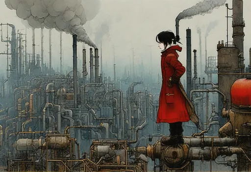 Prompt: a drawing of a girl standing on top of a building, dressed as a scavenger, industrial steam, the red citadel, panoramic view of girl, art by Sergio Aragones