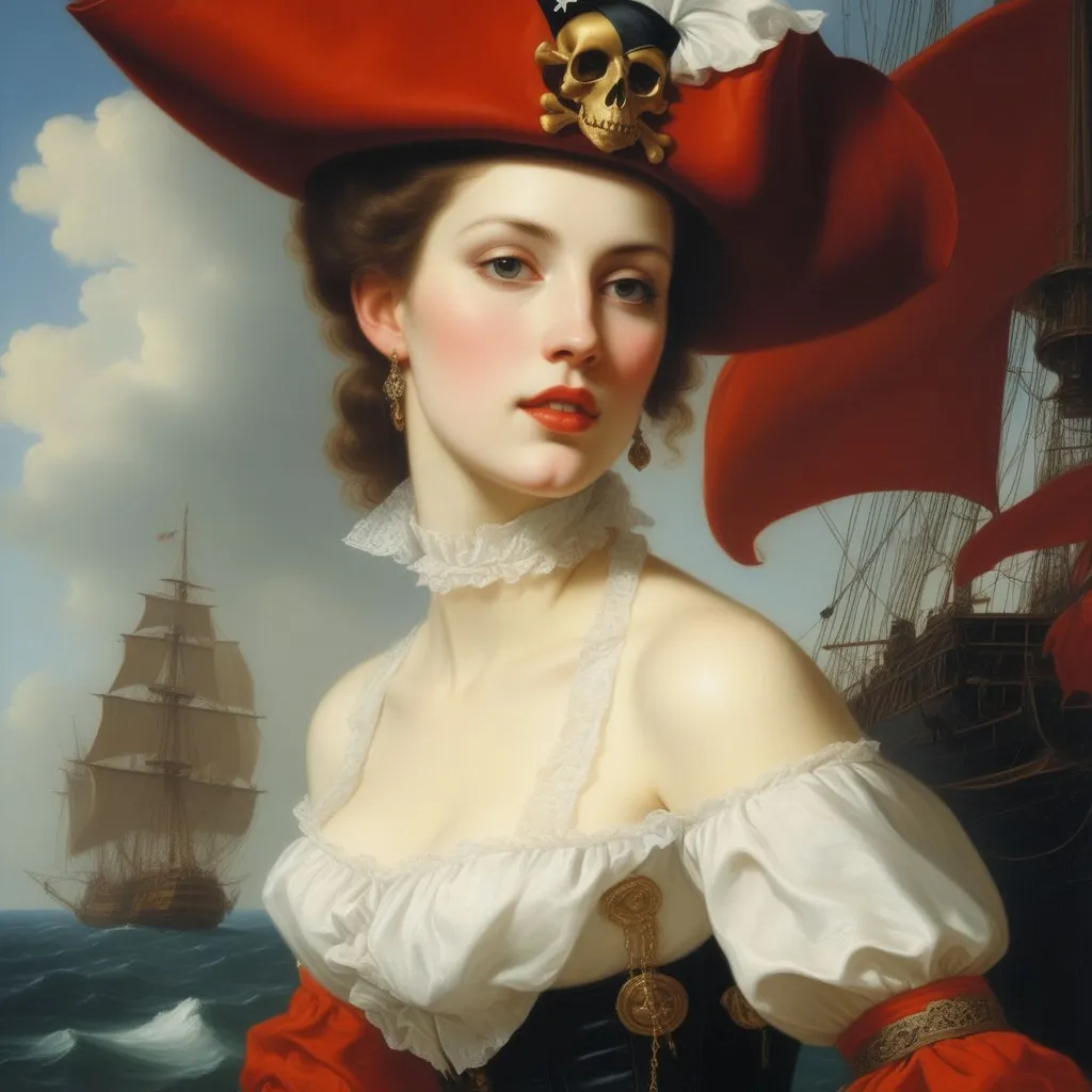 Prompt: Willem van der Velde's oil depiction of a woman pirate, (fantasy pirate aesthetic), (pirate costume), tight corset, leather, professional, taschen