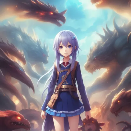 Prompt: an anime character standing in front of a bunch of monsters, a picture by Ross Tran, pixiv contest winner, sots, 2d game, high detail, square image, centered