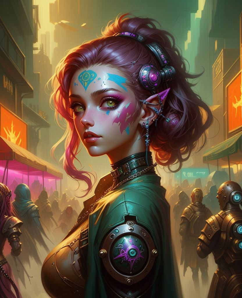 Prompt: fantafier, zrpgstyle, an oil painting depicting a techno fantasy rave girl, fantasy sci-fi cyberpunk aesthetic, ↑ ★★★★☆ ✦✦✦✦✦, taschen, TIFF, ultra sharp masterpiece, highly detail award winning artwork