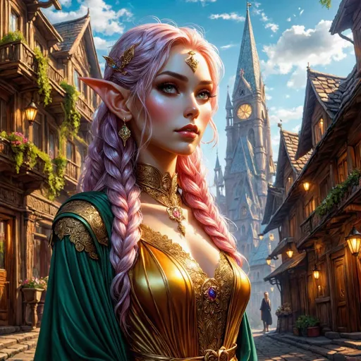 Prompt: ↑ ★★★★☆ ✦✦✦✦✦, a digital painting of an elf in the city, vibrant and colorful, magical aura, detailed elven features, flowing robes, urban fantasy setting, fantasy, vibrant colors, detailed facial features, flowing clothing, magical atmosphere