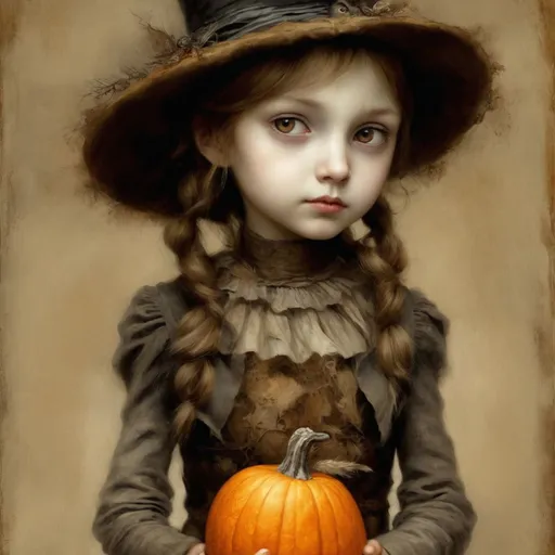 Prompt: a girl in a witch hat holding a pumpkin, mark brooks, owl studio and j.dickenson, & her expression is solemn, doll phobia, by Trevor Brown, small hat, style of laura sava, gray anthropomorphic, a young girl, drawn in the style of mark arian