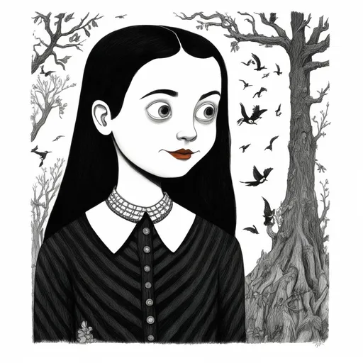 Prompt: Charles Addams' high detail cartoon picture of Wednesday Addams, ink drawing, brushpen drawing, charcoal drawing, #screenshotsaturday, #myportfolio, pixel perfect, contest winner, 32k huhd, square image, centered