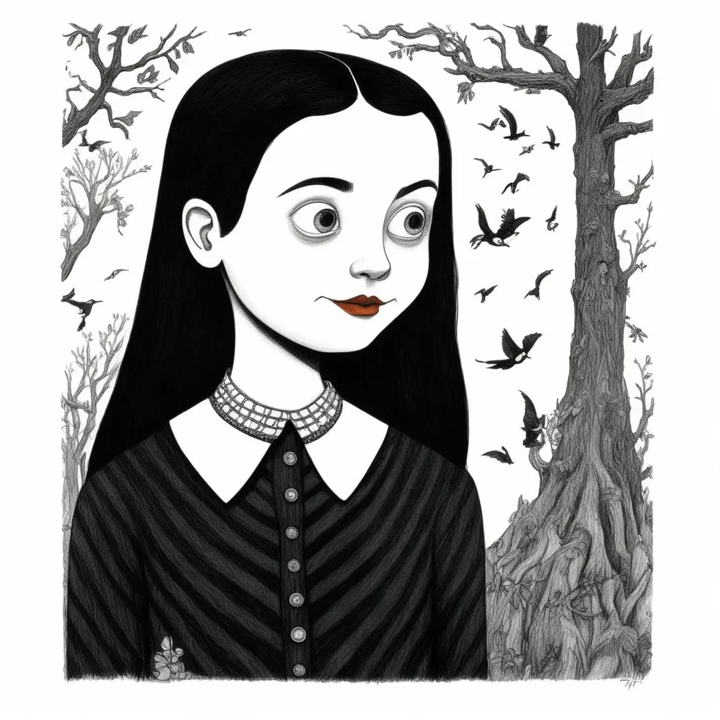 Prompt: Charles Addams' high detail cartoon picture of Wednesday Addams, ink drawing, brushpen drawing, charcoal drawing, #screenshotsaturday, #myportfolio, pixel perfect, contest winner, 32k huhd, square image, centered