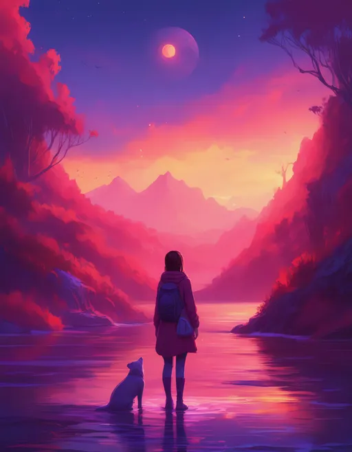 Prompt: inspired by Jozef Czapski, Artstation contest winner, digital art, girl watching sunset, in the art style of dan mumford, concept art 8k resolution, comic cover painting, overlooking, cell shaded art
