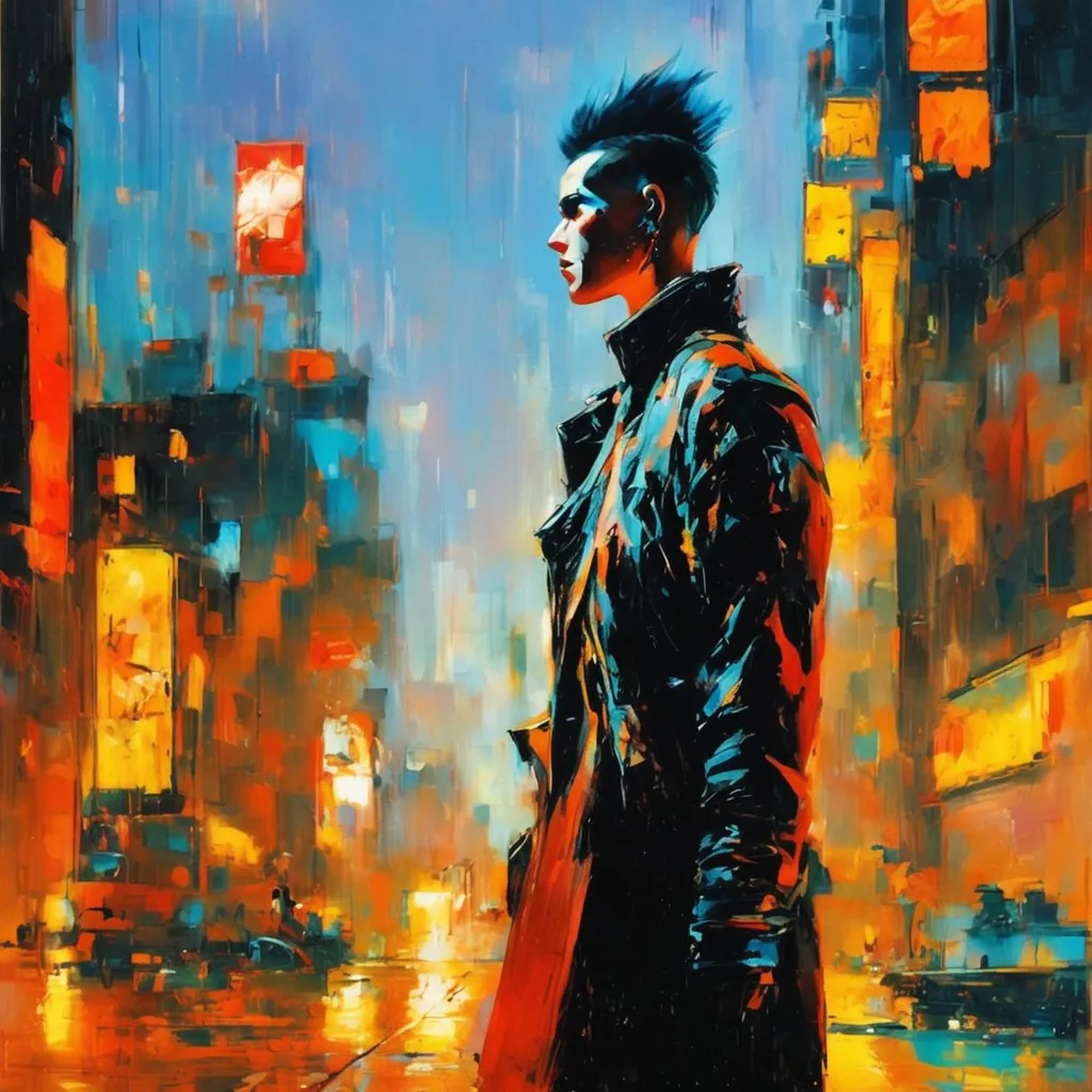 Prompt: cyberpunk female with heavy black eyeliner, shaved mohawk, cinematic lighting, neon lights, dark rainy city, by Adrian Ghenie, by Frank Miller, artstation hq, behance hd