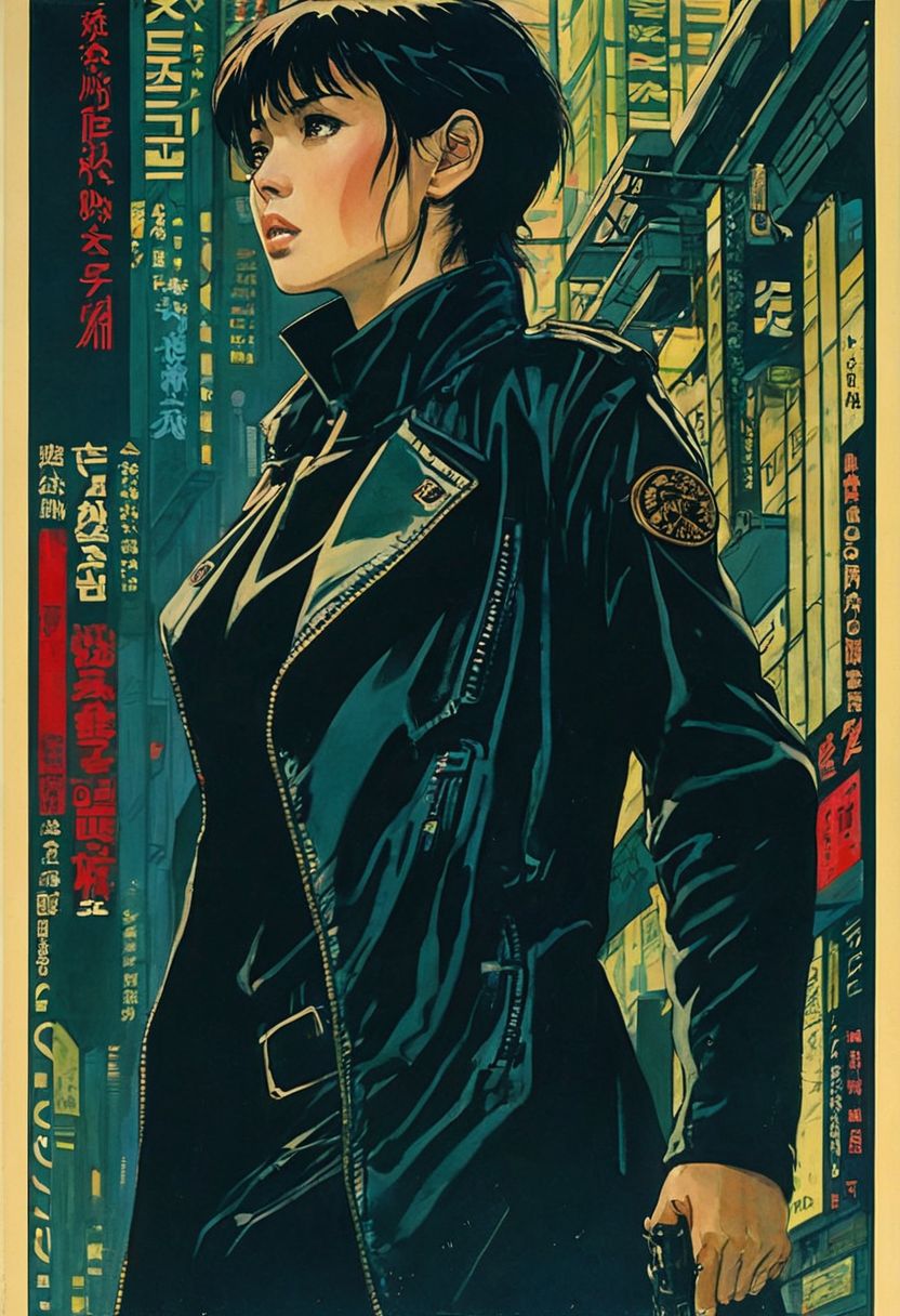 Prompt: ↑ ★★★★☆ ✦✦✦✦✦, Motoko Kusanagi in Blade Runner 1982, neo noir, cyberpunk, TIFF