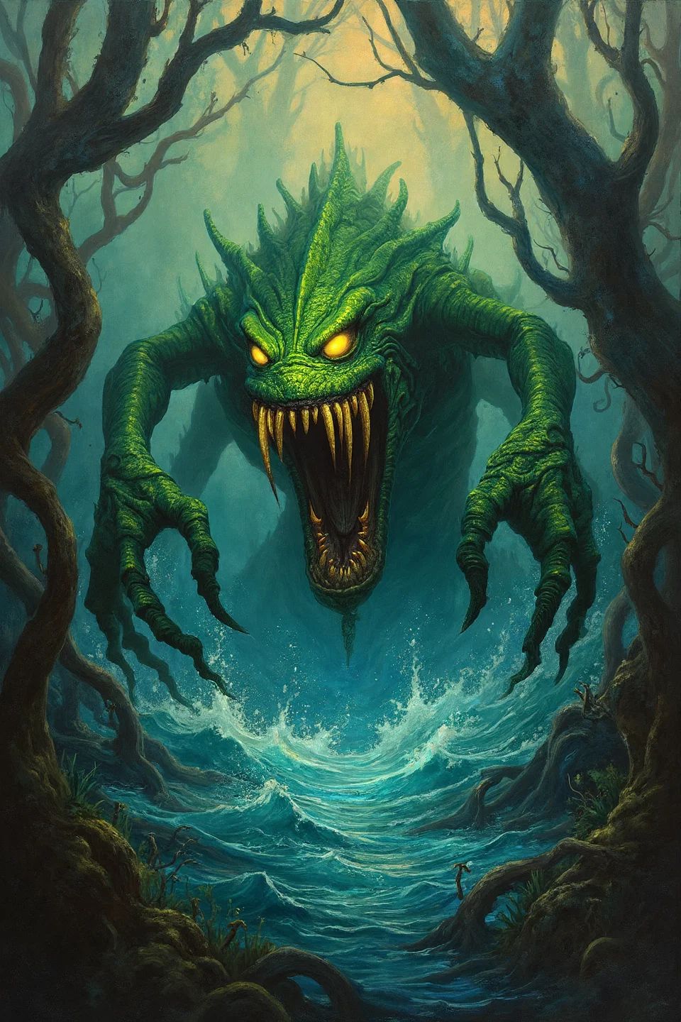 Prompt: A vivid, surreal painting of a green-scaled swamp creature emerging from turbulent blue waters, claws outstretched in a menacing pose. The background is a dark, tangled forest with twisted trees and eerie light filtering through. The creature’s wide eyes and gaping mouth add to the intense, ominous vibe, blending nature horror with a fantasy twist