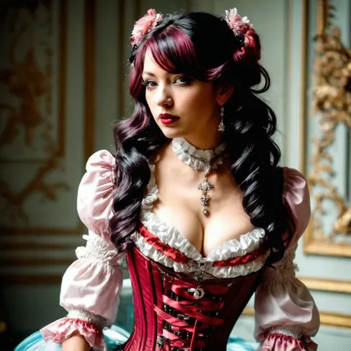 Prompt: a woman in a corset posing for a picture, messy black / red hair, pastel goth, laica chrose, enchanting, silver red, very pale, adornments, cherry, leathery, vi from arcane, vibrant pink, garnet, leather, sarah