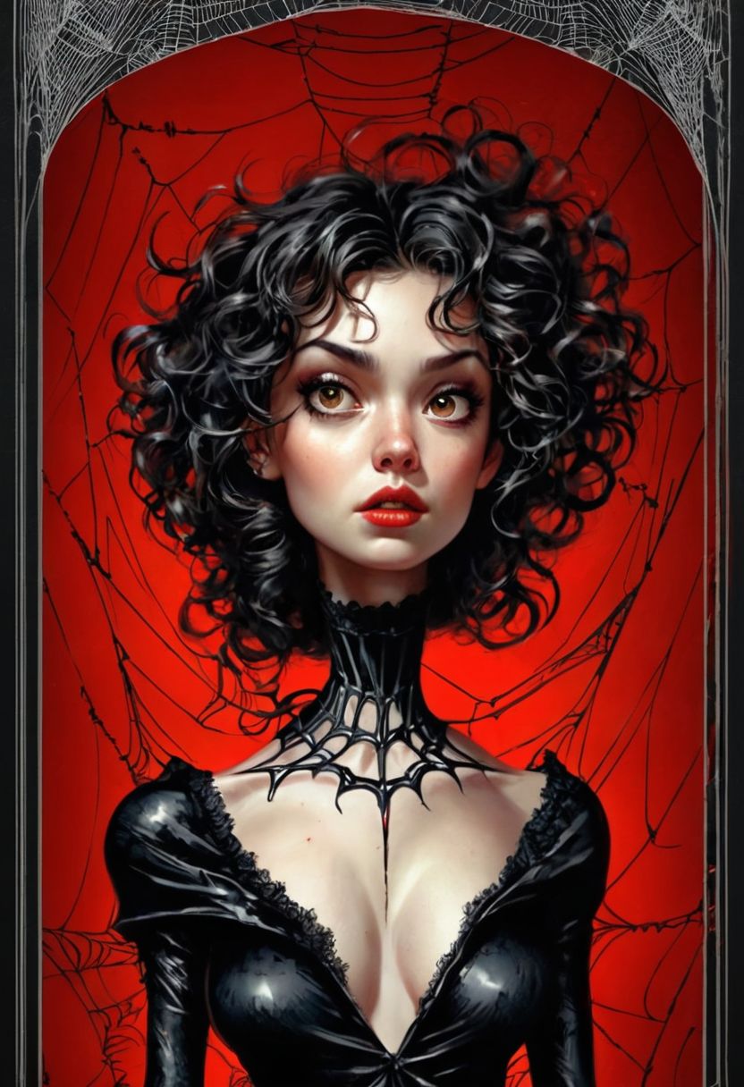 Prompt: ↑  ★★★★☆ ✦✦✦✦✦, a woman in a black dress standing in front of a spider web, a book cover for like danger, messy curly hair, she‘s wearing a red neckerchief, TIFF