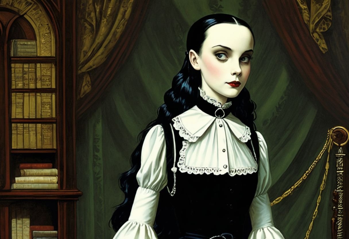 Prompt: wednesday addams wallpaper, by Charles Addams, by Edward Gorey, by Tim Burton, by Milo Manara, by Gil Elvgren, ↑ ★★★★☆ ✦✦✦✦✦, taschen, TIFF