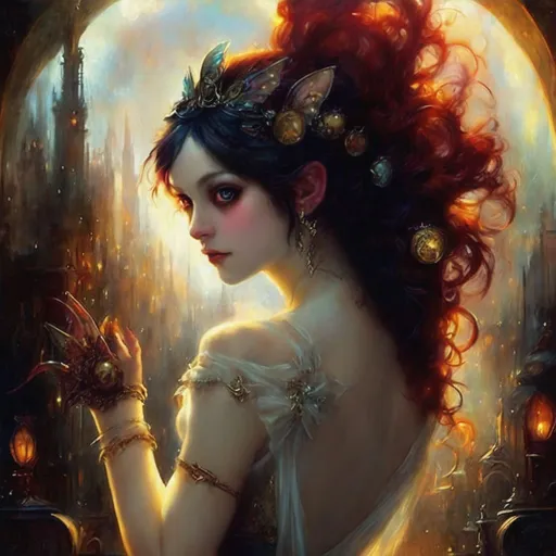 Prompt: fantasy pixie woman, gorgeous fantasy art by Max Ernst, art by Josephine Wall, art by Christophe Vacher