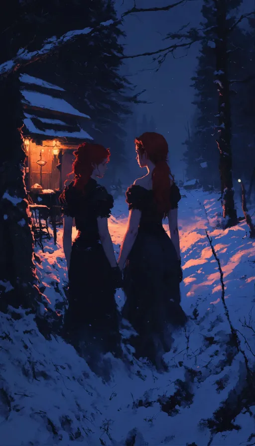 Prompt: a couple of women standing next to each other in the snow, salvia, by Alena Aenami, beautiful female vampire, redhead, A beautiful barmaid, dimly lit cozy tavern, walking into a deep dark forest