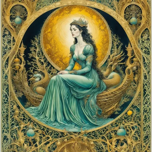 Prompt: a painting of a woman in a green dress, a detailed painting, by Yoann Lossel, darrell k sweet, dan mcpharlin : : ornate, sea queen, seated, king in yellow, aaron horkey, image
