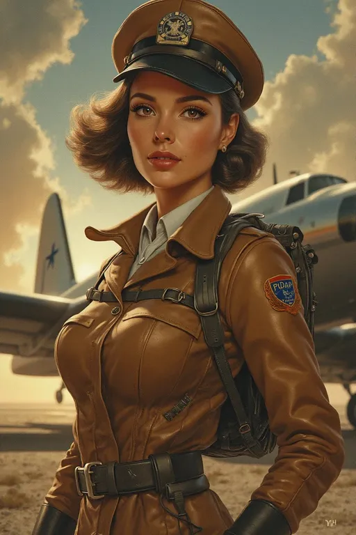 Prompt: World war 2 female air force captain, pilot cap, mini skirt, gloves, symetric face, by Brian Bolland and Gil Elvgren, dreamlike, HQ, highly detailed, ultra sharp, centered, commision for behance hd, #screenshotsaturday, #myportfolio, pixel perfect, contest winner, 32k huhd, pixiv