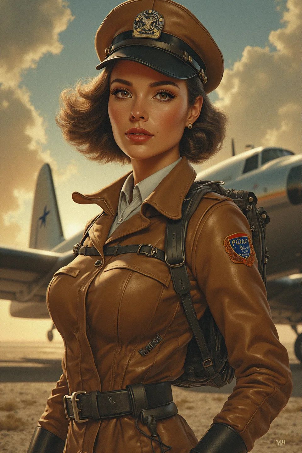 Prompt: World war 2 female air force captain, pilot cap, mini skirt, gloves, symetric face, by Brian Bolland and Gil Elvgren, dreamlike, HQ, highly detailed, ultra sharp, centered, commision for behance hd, #screenshotsaturday, #myportfolio, pixel perfect, contest winner, 32k huhd, pixiv