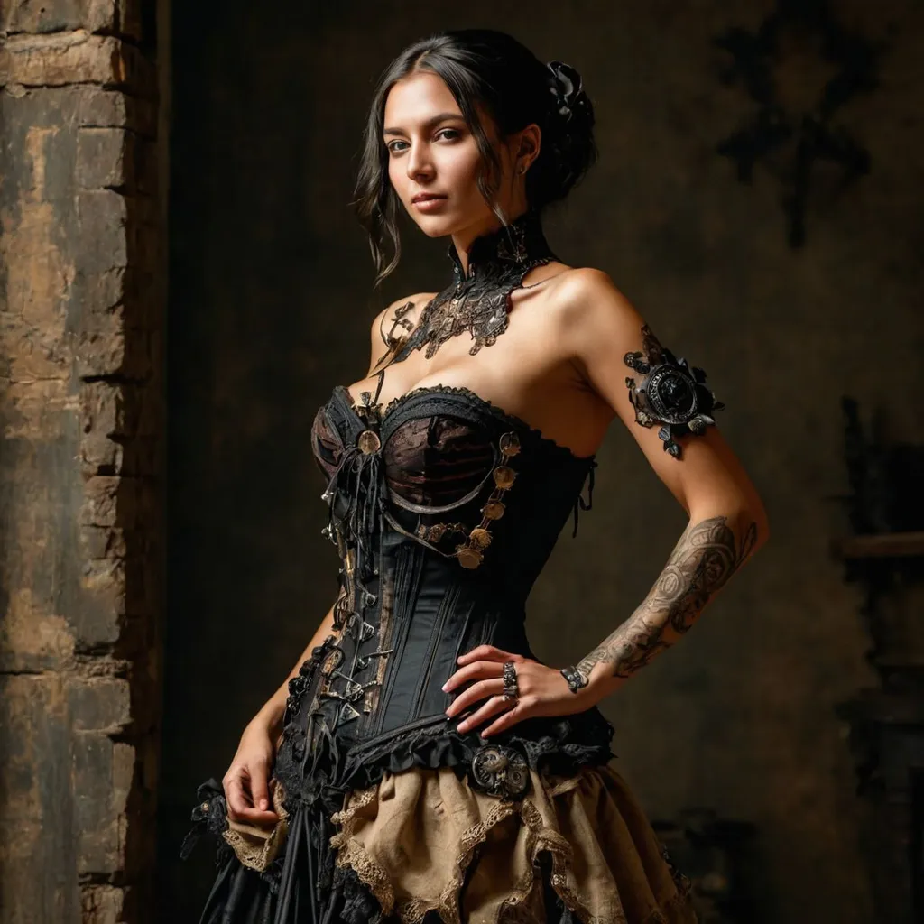 Prompt: a woman in a corset is posing for a picture, gears of death, black design, anatomically accurate skeleton, female mage, unique styles, casual clothing style, bone dress, burlap, flirty, skirt, poison dripping