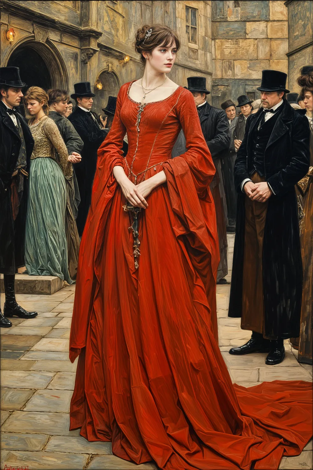 Prompt: Masterpiece quality painting in the style of Edwin Austin Abbey, incredibly detailed and ultra-sharp, rendered as an oil on canvas. It resembles an official artwork from a prestigious 1920s TV series, with a focusArtforumuring deep emotion and dynamic movement. The painting exudes a timeless 19th-century aesthetic, as if it were trending on Artforum for its intricate detail and evocative storytelling
