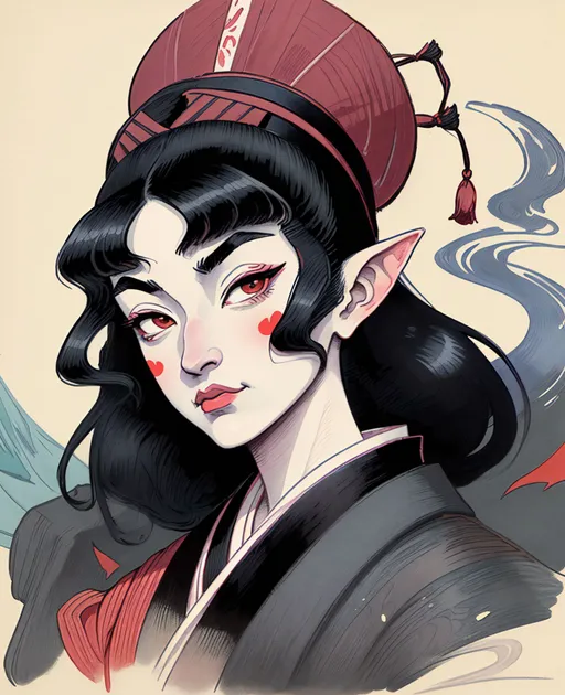 Prompt: portrait, nose, parted lips, pointy ears, a painting by Katsushika Hokusai, hat, smoke, black hair, coloured woodblock print, hand - tinted, ukiyo-e, 19th century woodcut, featured on pixiv, mit technology review