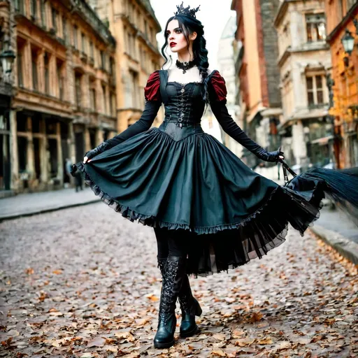 Prompt: ↑ ★★★★☆ ✦✦✦✦✦, a beautiful witch in a skirt and boots posing for a picture, gothic girl dressed in black, professional, moviestill, absurd res, TIFF