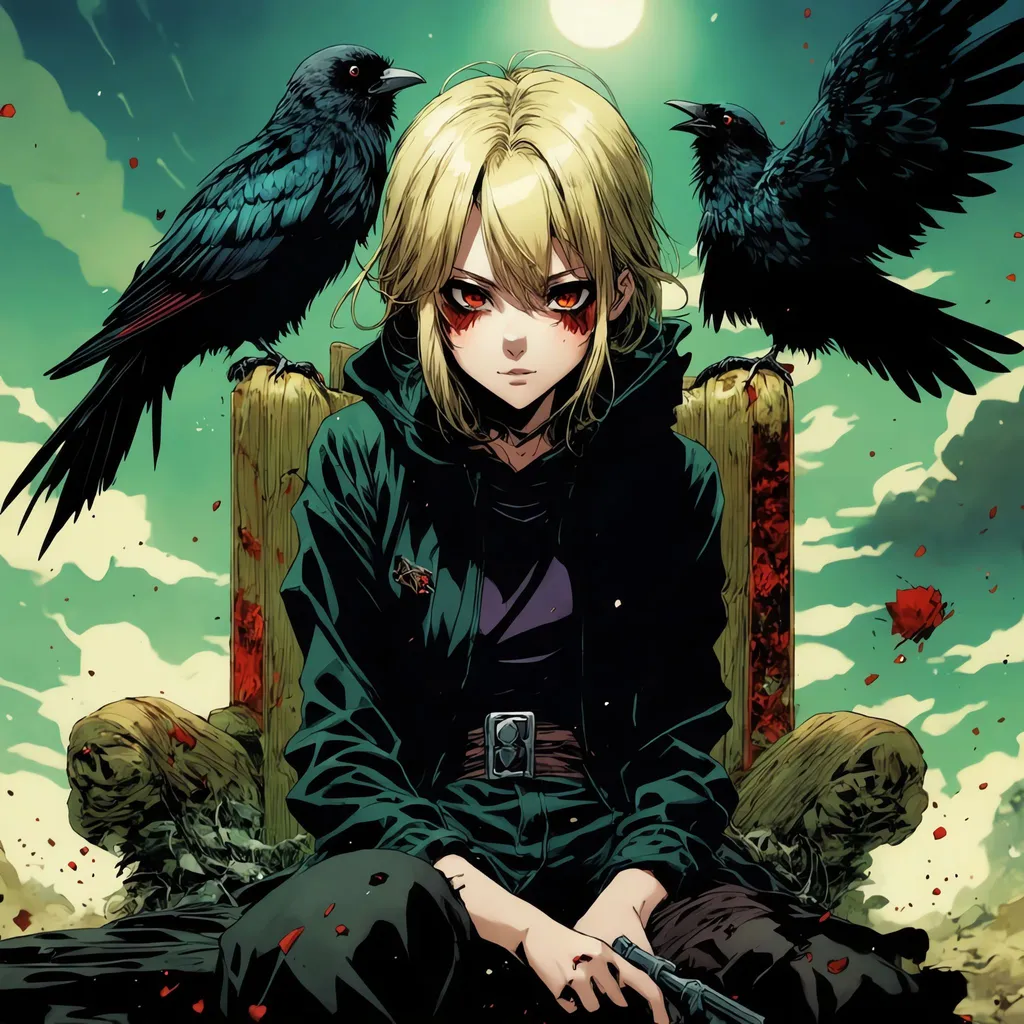 Prompt: ↑ ★★★★☆ ✦✦✦✦✦, Anime style by Jiro Kuwata, Keiji Inafune, Strong looking, woman magical, otherworldly, wraith, crow, shaggy/messy dirty blonde hair, black hoodie, clothing made of black feathers, sitting on a throne in the underworld, sinister smug smile, surrounded by green and black smoke