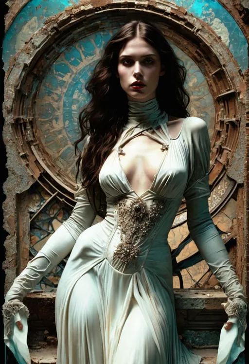 Prompt: artgerm and greg rutkowski and alphonse mucha, very beautiful girl, 3d animation, Vintage colors photo scratched decayed, in an ancient vault, cloning spell, amazing digital art, insanely 3d, beautiful female vampire