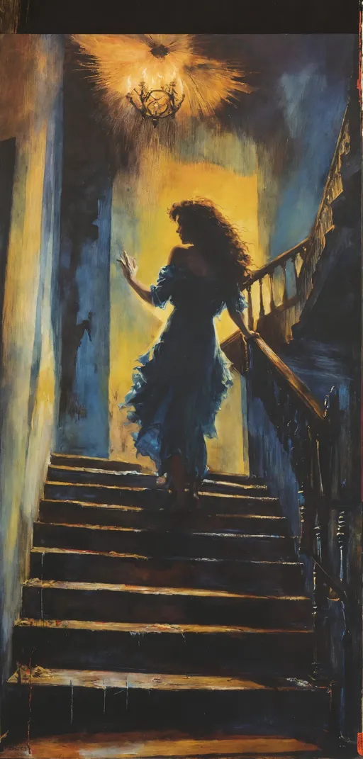 Prompt: a painting of a woman on a staircase, 1990s horror book cover, sheet music, damsel in distress, uncanny and scary atmosphere, with a halo of unkempt hair, from 1977, ebay listing thumbnail, classical lighting, spirits flying, gallows, cover of new york times, harp, colorfully ominous background