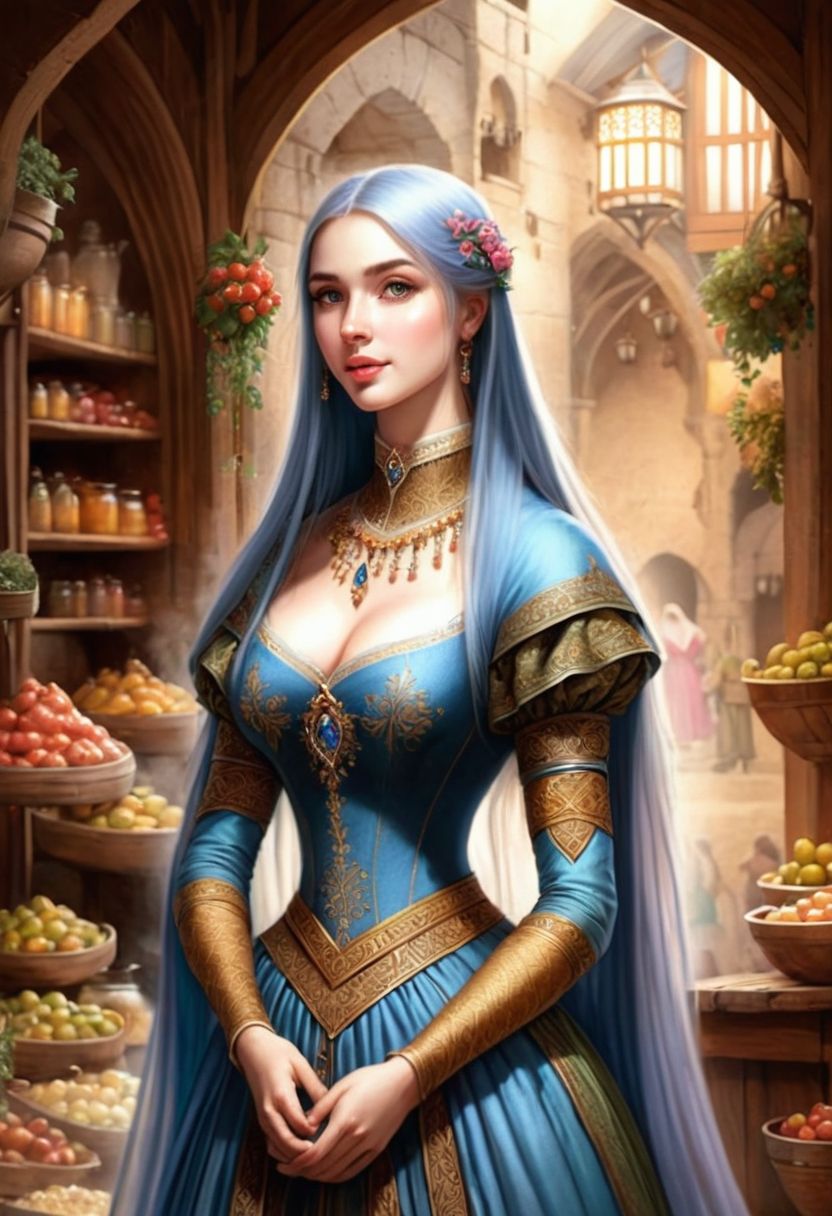 Prompt: ↑  ★★★★☆ ✦✦✦✦✦, a perfect drawing of a woman with long hair, inside of a medieval era bazaar, medieval fantasy illustration, a color pencil sketch, TIFF