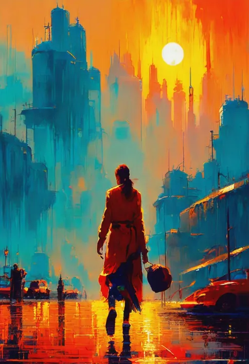 Prompt: a painting of a woman walking in the rain, cyberpunk art, digital art, sunrise over solar punk city, poster illustration, karl spitzweg. unreal engine, kilian eng vibrant colors