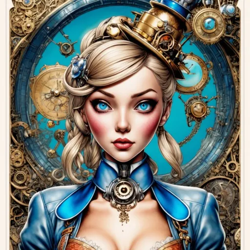 Prompt: steampunk Alice in Wonderland, blonde hair, blue dress, in the style of Machinarium, symmetric face, by Akihiko Yoshida, TIFF