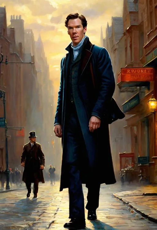 Prompt: ↑ ★★★★☆ ✦✦✦✦✦, Benedict Cumberbatch as Sherlock Holmes, cinematic lighting, a painting inspired by Thomas Kinkade, 2 0 5 6 x 2 0 5 6, intricate ”, dreamlike, taschen, TIFF