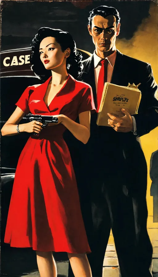 Prompt: 1950’s noir woman in red dress with man in dark suit holding a gun, a book cover for the case of the shoplift's shoe, art style of junji ito, taschen, TIFF