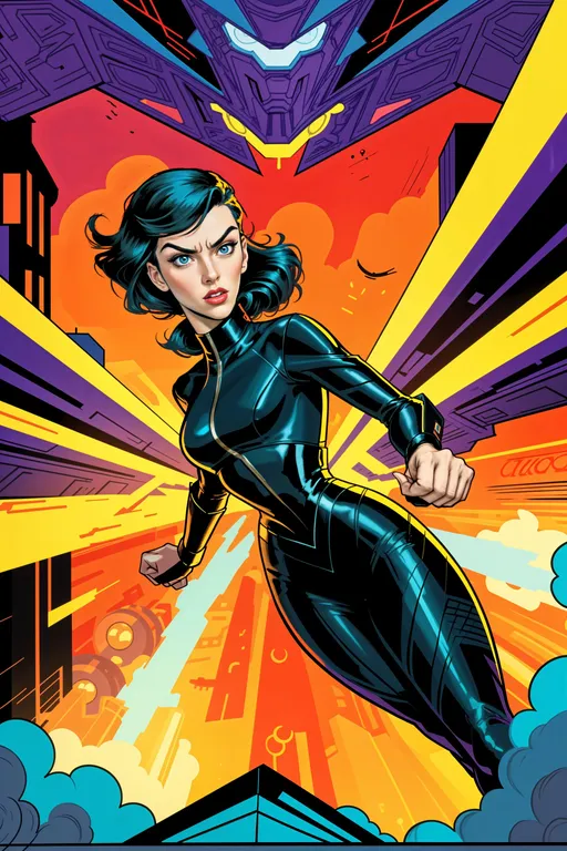 Prompt: Female James Bond in classic pose, graphic novel style, M.C. Escher inspired, explosive background, vector art, high-quality, high-res, comic book, dynamic composition, action-packed, film noir lighting, vibrant colors, intricate details, retro-futuristic, stylish, sleek design, bold lines, intense perspective, espionage, spy thriller, impactful shadows, dramatic angles