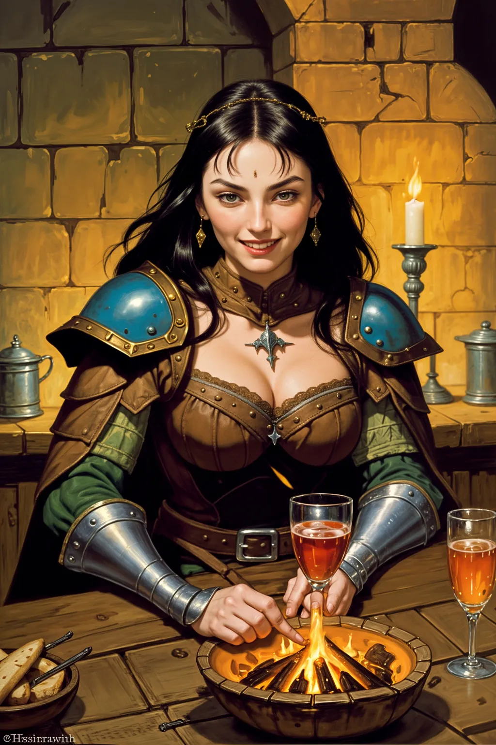 Prompt: dark fantasy knight sitting in tavern, armoured clothing, drinking, eating, laughing, beautifully lit, cosy fire, medieval aesthetic, oil painting by Gerald Brom, by Frank Frazetta, TIFF, highest quality, ultra sharp, highly detailed