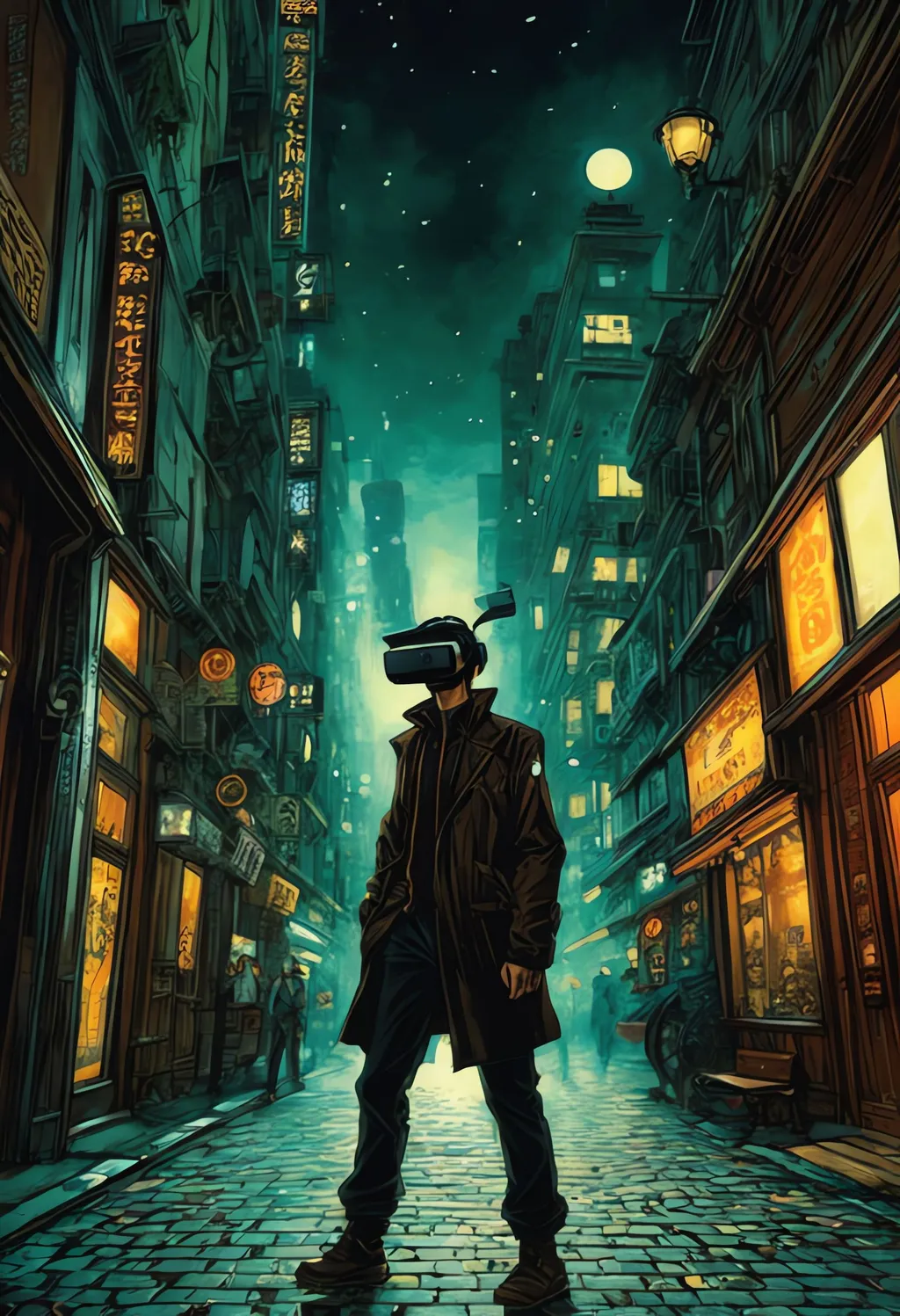 Prompt: vintage 90's anime style, a lonely man wearing a virtual reality headset walking in the street, by Hajime Sorayama, Greg Tocchini, Virgil Finlay, sci-fi, line art, environmental arcade art, ↑ ★★★★☆ ✦✦✦✦✦, taschen, TIFF