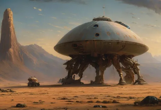 Prompt: a large spaceship sitting in the middle of a desert, concept art, by John Alexander, digital art, 4 k detail fantasy, ufo landing, alien art, mechanical sci fi