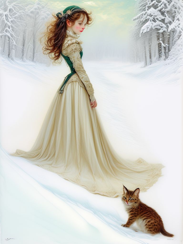 Prompt: a woman in a green dress with a lynx in the snow, by Jean-Baptiste Monge, neo-romanticism, enchanting, lovely, elegant