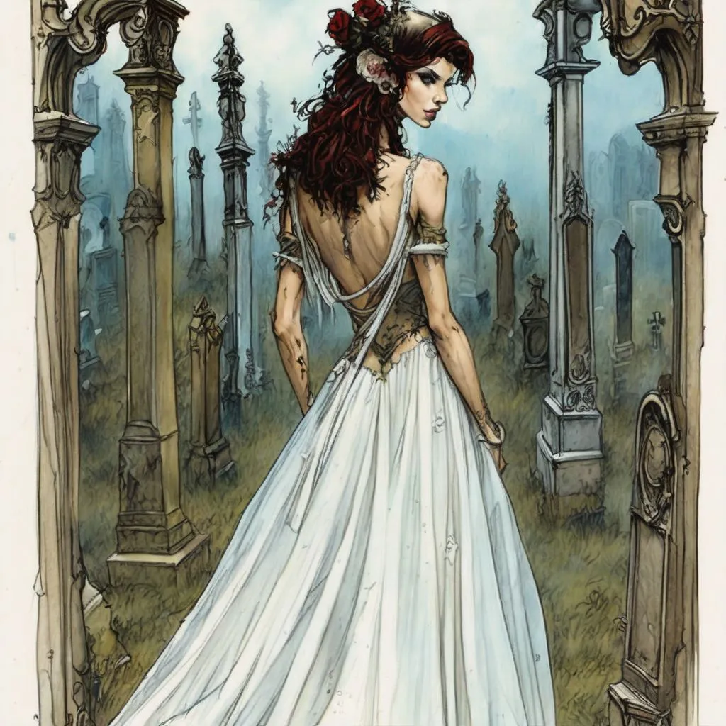 Prompt: art by Zoltan Boros, a woman in a wedding dress standing in front of a cemetery, inspired by Greg Staples, brushpen drawing