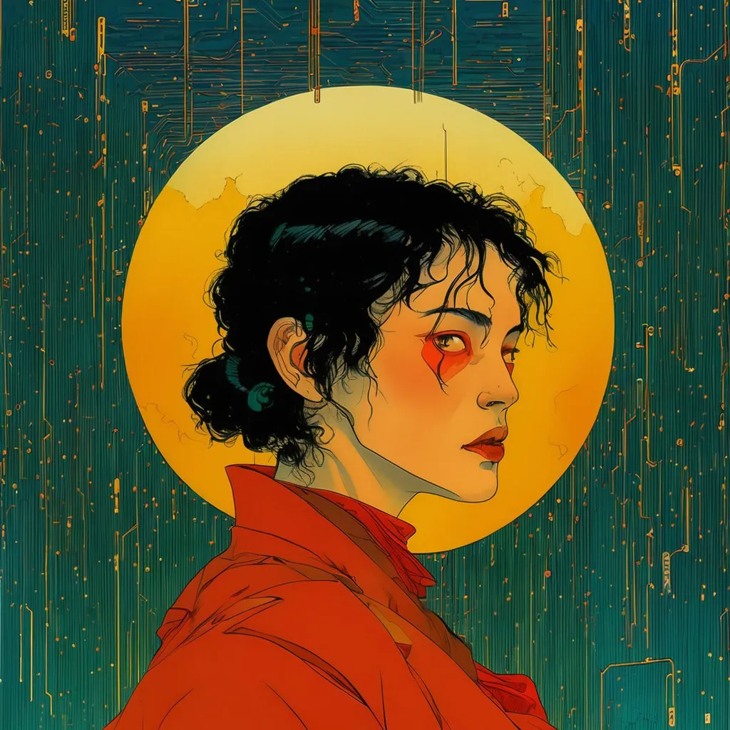 Prompt: a painting of a woman with blood on her face, cyberpunk art, inspired by Satoshi Kon, in the iconic style of moebius, amelie poulain, epic full color illustration, akira style illustration