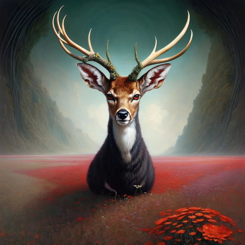 Prompt: a painting of a deer in a field of flowers, a detailed painting, by Wylie Beckert, tom bagshaw and tom richmond, jc leyendecker and sachin teng, white horns, accents of red