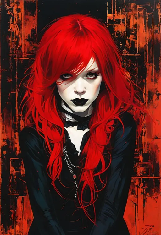 Prompt: Martin Ansin's work depicting a cute black-and-red haired goth girl, tiff