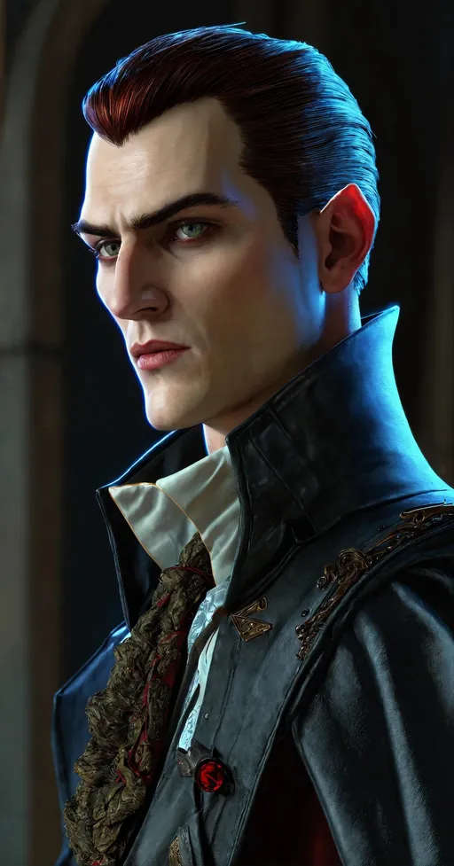 Prompt: smooth, 32k huhd, cool attitude, by Clyde Caldwell, 3d animation, hyper detailed, sansa, promotional render, handsome male vampire, cel shaded, trending dribble, character portrait