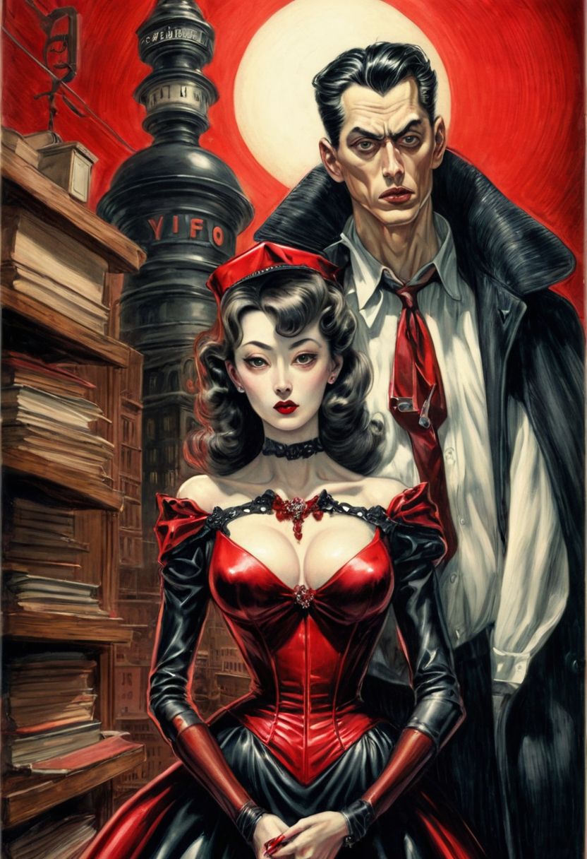 Prompt: 1950’s noir woman in red dress with man in dark suit holding a gun, a book cover for the case of the shoplift's shoe, art style of junji ito, TIFF