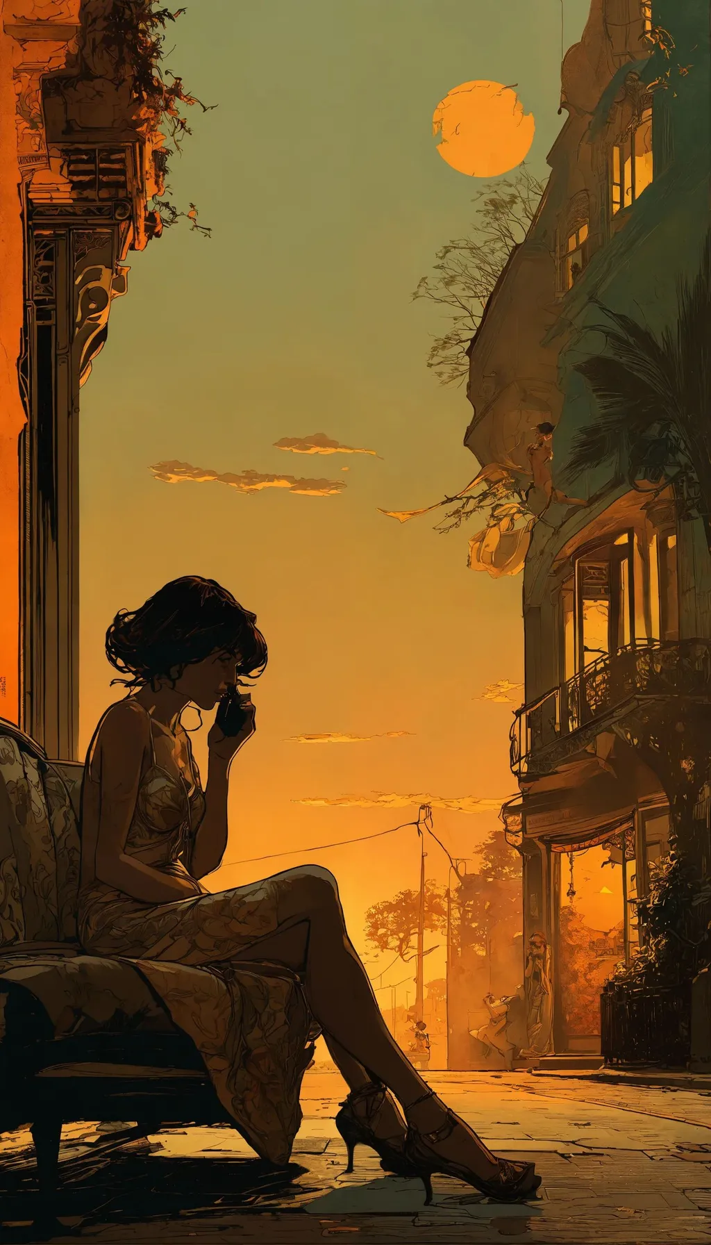 Prompt: pascal blanche, a woman walking down a street at sunset, art nouveau wallpaper, inspired by Al Williamson, full art, a woman sitting on a couch talking on a phone, a drawing of a girl sitting on the ground