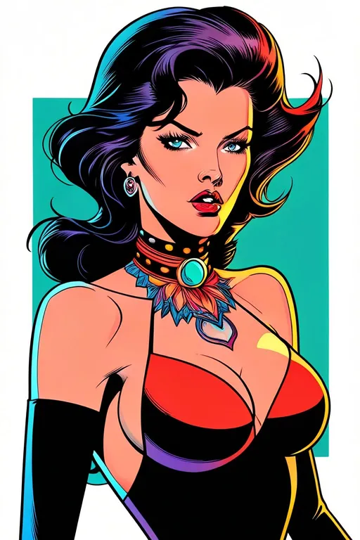 Prompt: Vibrant, colorful illustration in John Buscema's style, featuring a female character with an intricate black choker. Use bold, rich colors, with strong line art. Centered, perfect for a Behance portfolio. High-definition, contest-winning quality, suitable for #screenshotsaturday and #myportfolio. Aim for pixel-perfect precision, 32k Ultra HD