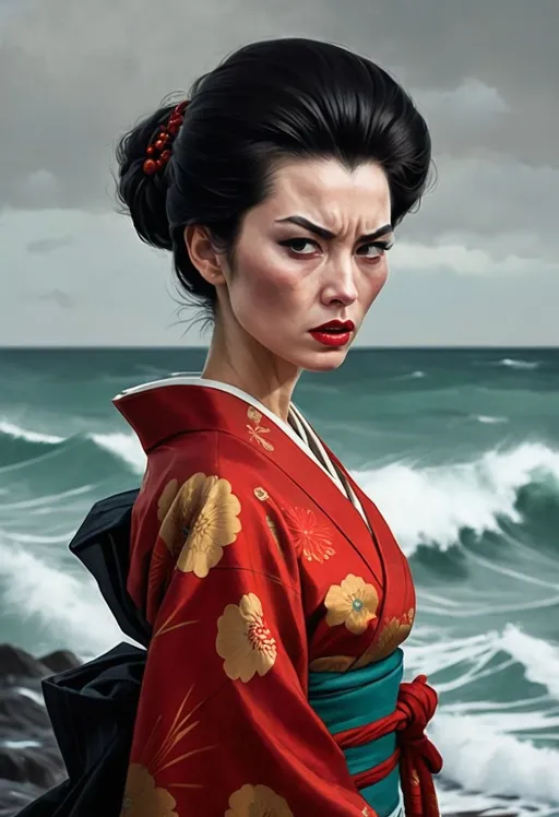 Prompt: high angle shot, guerilla heroico, rough seas, a painting of a woman in a kimono, 1960s spy, bastien lecouffe - deharme, amazing details, rob rey