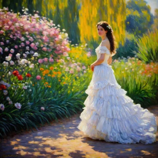 Prompt: a painting of a woman standing in a magical garden by Claude Monet, unimaginable beauty, highly detailed, oil on canvas, impressionism, masterpiece