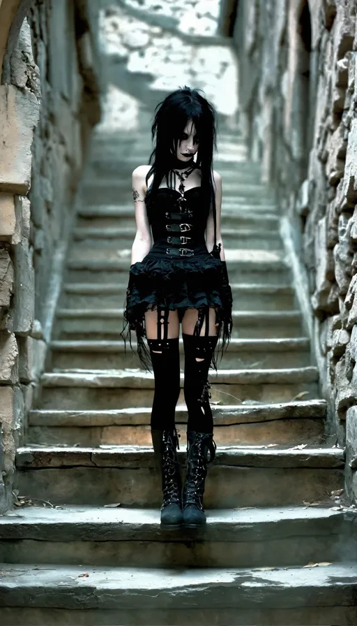Prompt: a woman in a black dress and knee high boots, dreamy gothic girl, stairways, cybergoth, stone walls, pastel goth, slender, haunted and sad expression, stockings, darkwave, dark water, stairs and arches, punk little girl, clothed in ancient, pedestal, brown corset, modestly dressed, emo
